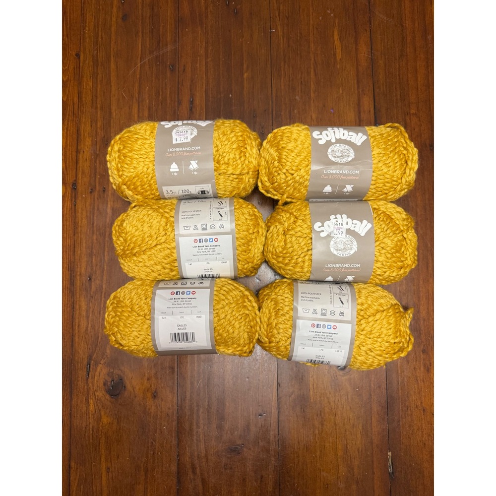 Lion Brand Softball Yarn 6 Skeins Eagles Yellow Bulky #5 Knitting Crochet‎
